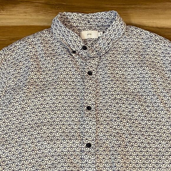 Onia Shirt Mens XL Gray 100% Linen Graphic Print Button Down Short Sleeve - Picture 2 of 9